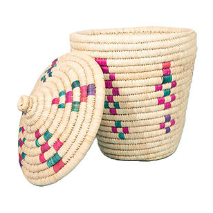 Panier de rangement GM rond tressé à la main en fibre de palmier naturelle bicolor design arabesque