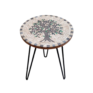 Table ronde MM plateau en mosaïque romaine fait à la main haut de gamme structure en fer forgé artisanal motif L’olivier de la collection Artistique