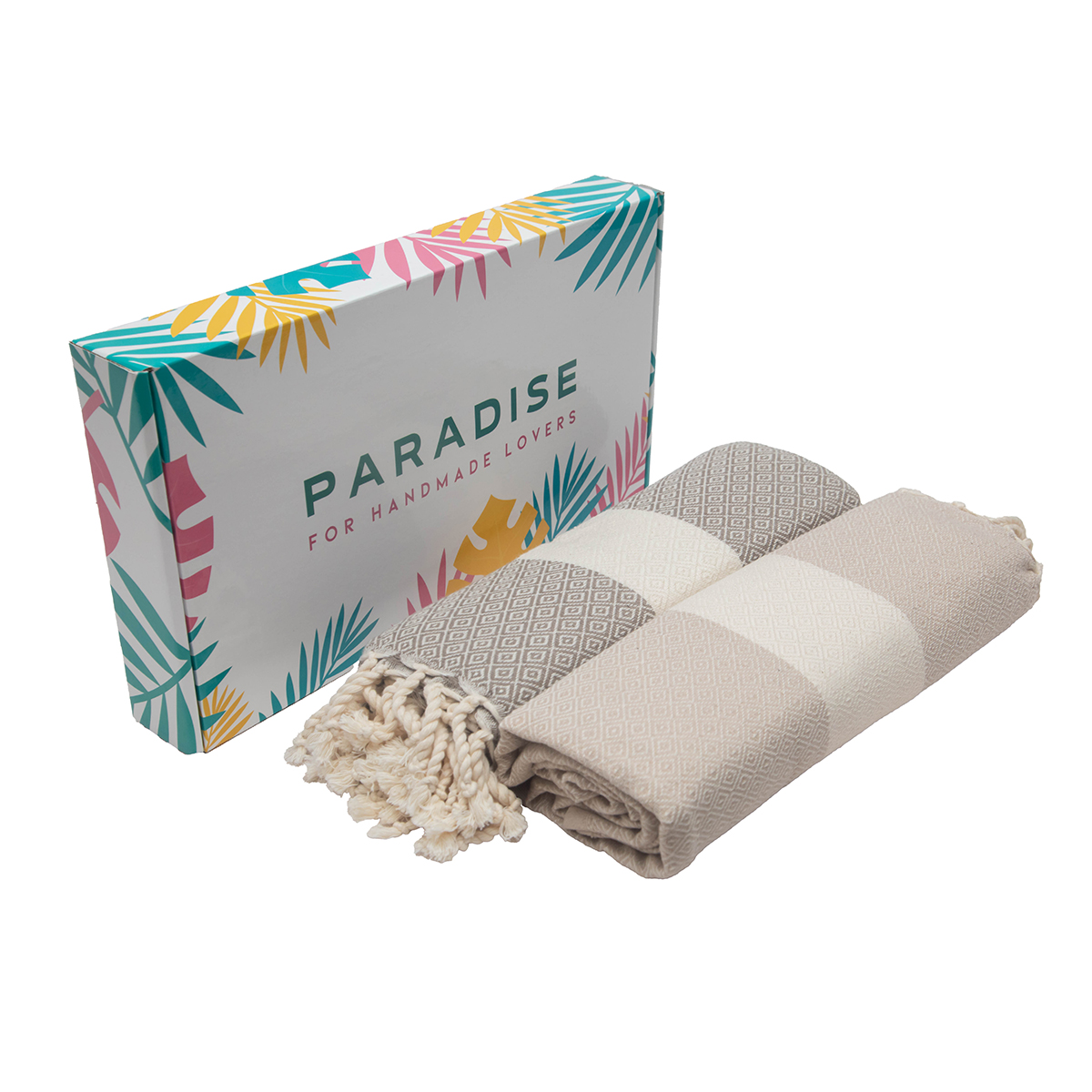 Coffret de 2 Serviette traditionnel polyvalence haut de gamme en coton - Fouta Diamond XL En Beige et taupe rayée blanc