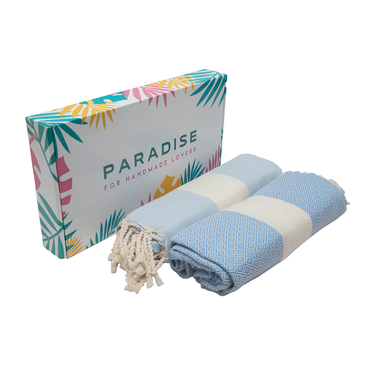 Coffret de 2 Serviette traditionnel polyvalence haut de gamme en coton - Fouta Diamond XL En bleu ciel et Bleu ciel foncé rayée blanc