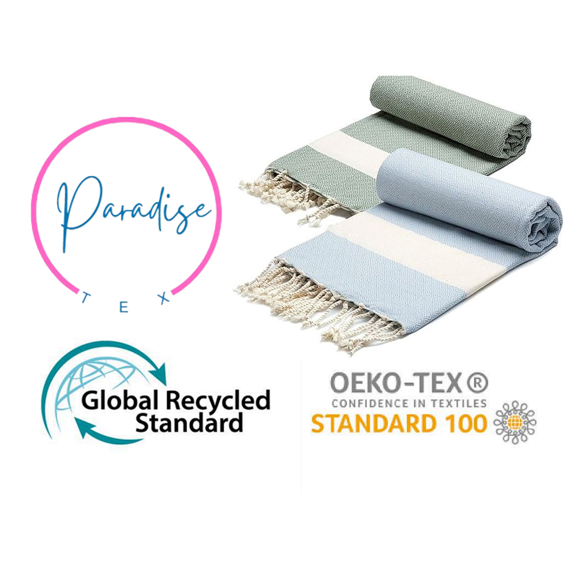 Coffret de 2 Serviette traditionnel polyvalence haut de gamme en coton - Fouta Diamond XL En bleu ciel et Vert kaki rayée blanc A