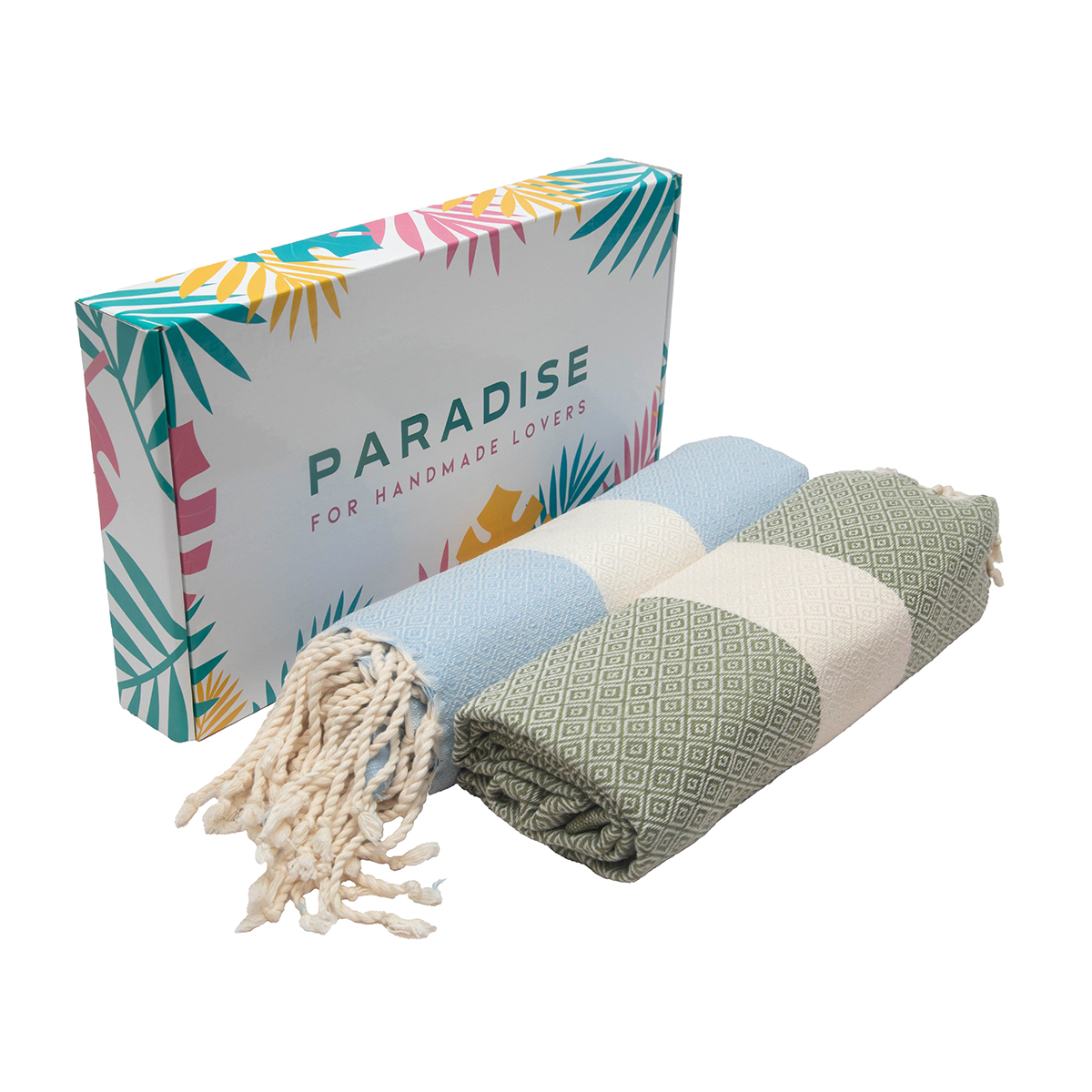 Coffret de 2 Serviette traditionnel polyvalence haut de gamme en coton - Fouta Diamond XL En bleu ciel et Vert kaki rayée blanc