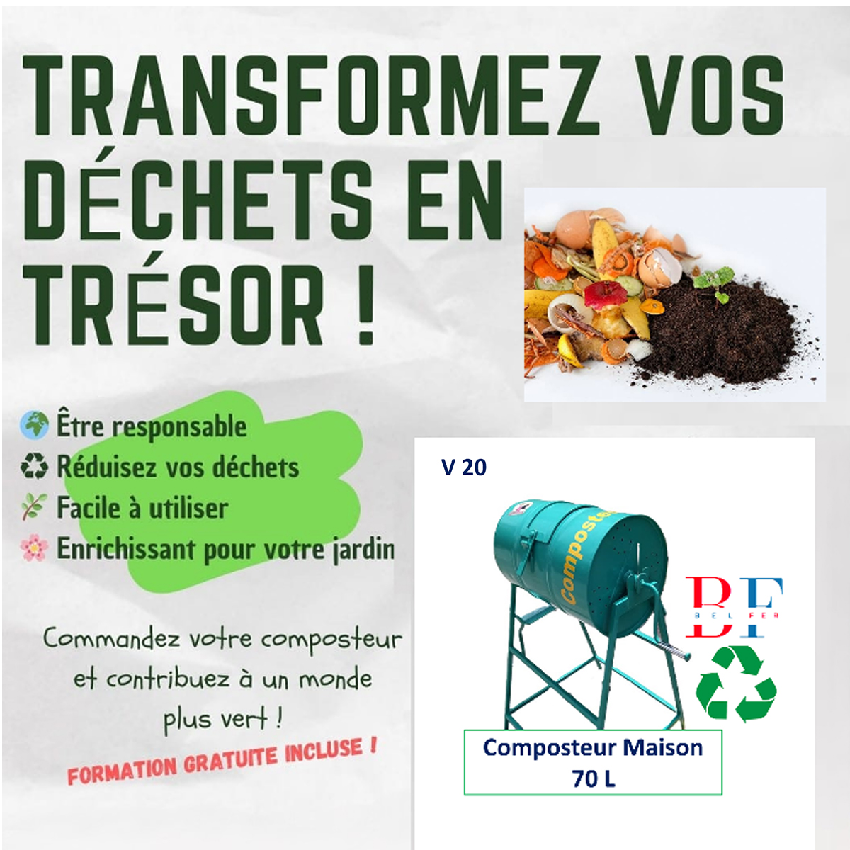 Composteur Maison H 20 - Composteur rotatif 70 L - Produits issus du recyclage A