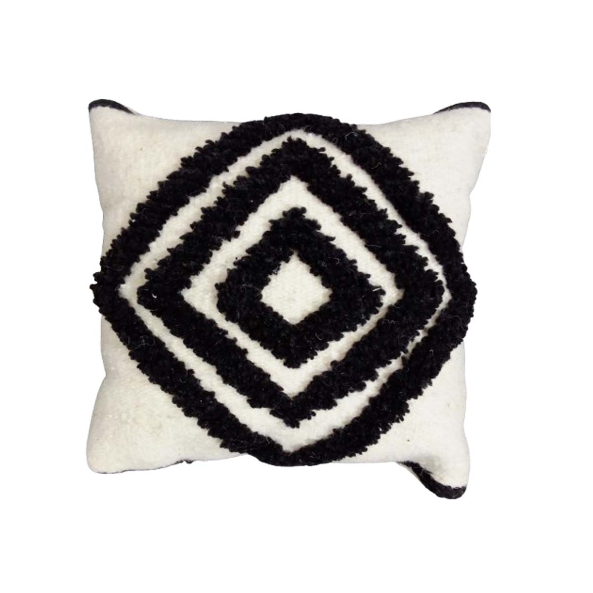 Coussin carrée berbère en en 100% laine et Cotton naturelle design vintage en noir et blanc