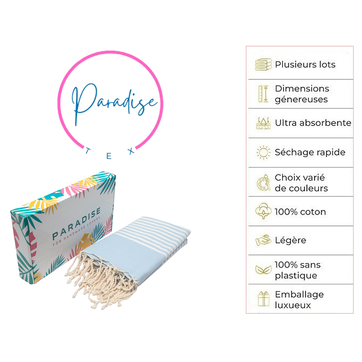 Jeté Arthur en coton XL - multi usage Fabrication artisanale Bleu ciel rayée blanc A