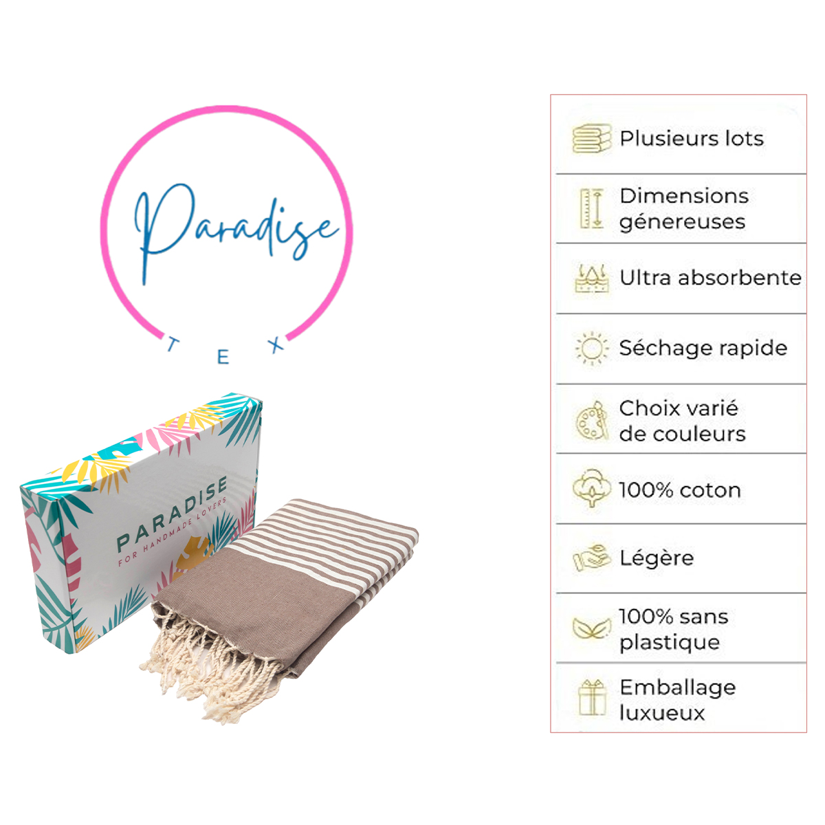 Jeté Arthur en coton XL - multi usage Fabrication artisanale Taupe rayée blanc A