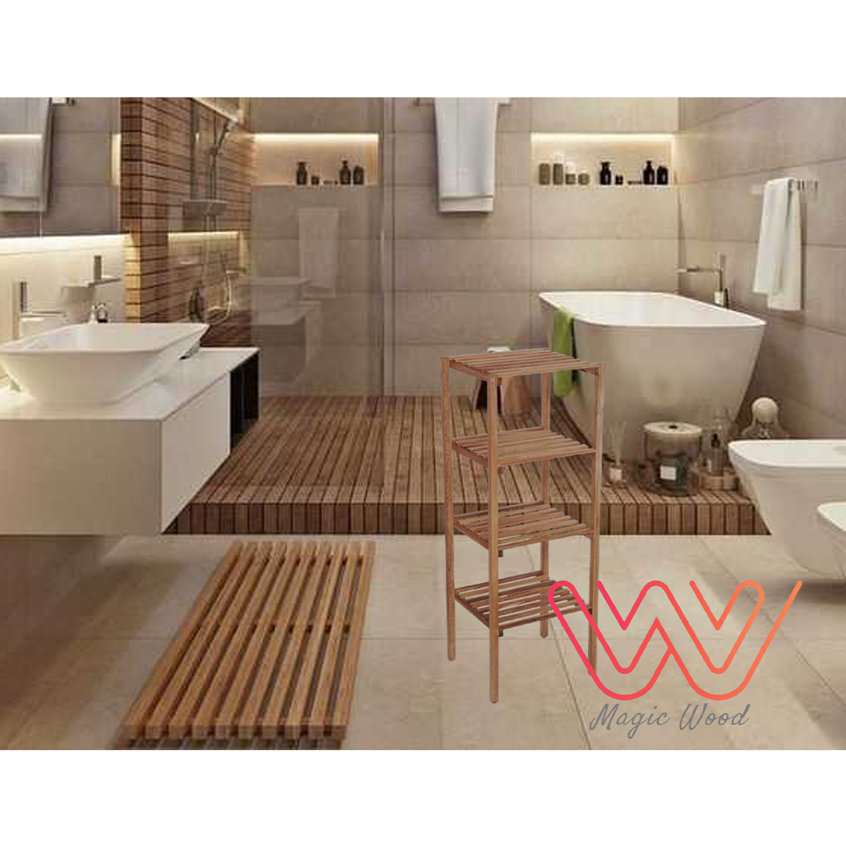 Meuble colonne rangement salle de bain design naturel en bois massif hêtre Fabrication artisanale A