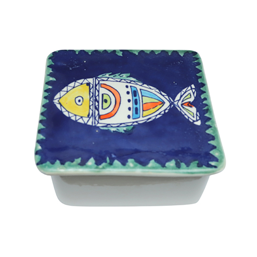 Ramequin carré avec couvercle motif arabesque en fine céramique fait main MM