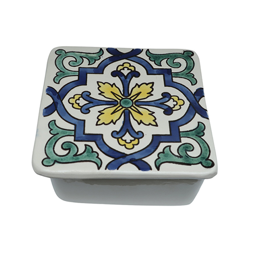 Ramequin carré avec couvercle motif arabesque en fine céramique fait main MM