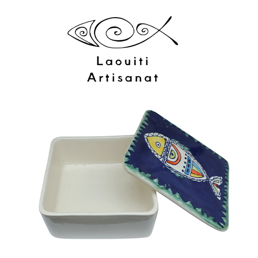 Ramequin carré avec couvercle motif arabesque en fine céramique fait main MM A