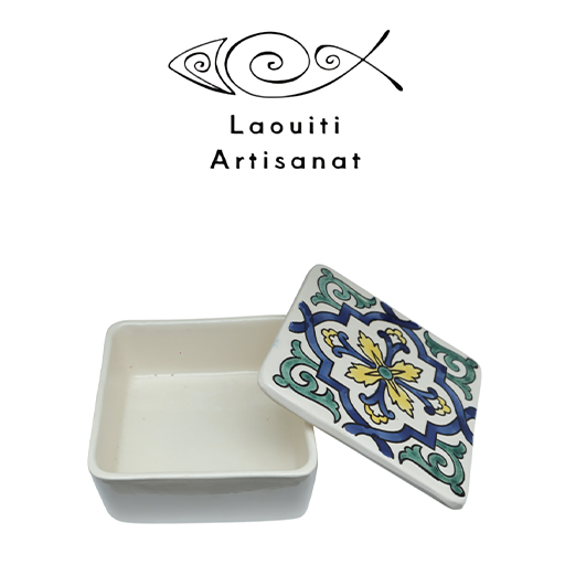 Ramequin carré avec couvercle motif arabesque en fine céramique fait main MM A