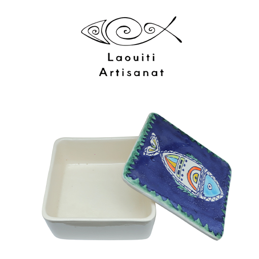 Ramequin carré avec couvercle motif arabesque en fine céramique fait main MM A