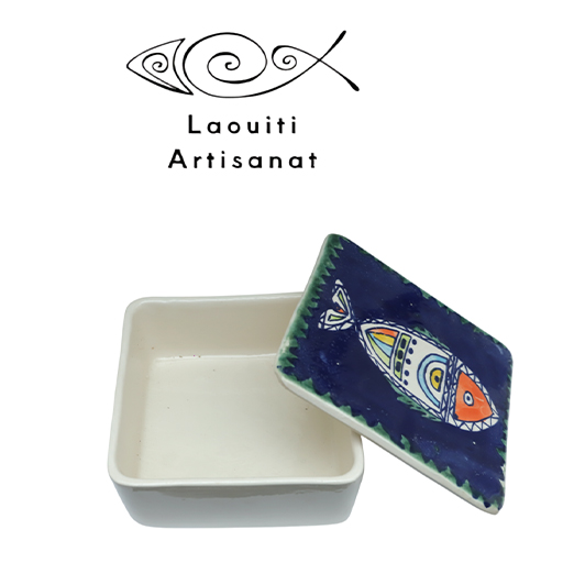 Ramequin carré avec couvercle motif arabesque en fine céramique fait main MM A