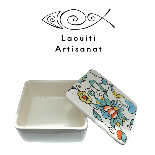 Ramequin carré avec couvercle motif arabesque en fine céramique fait main MM A