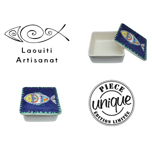 Ramequin carré avec couvercle motif arabesque en fine céramique fait main MM B