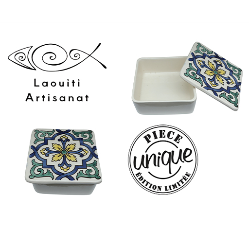 Ramequin carré avec couvercle motif arabesque en fine céramique fait main MM B