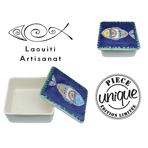 Ramequin carré avec couvercle motif arabesque en fine céramique fait main MM B