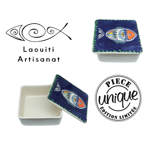 Ramequin carré avec couvercle motif arabesque en fine céramique fait main MM B