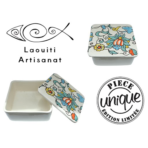 Ramequin carré avec couvercle motif arabesque en fine céramique fait main MM B