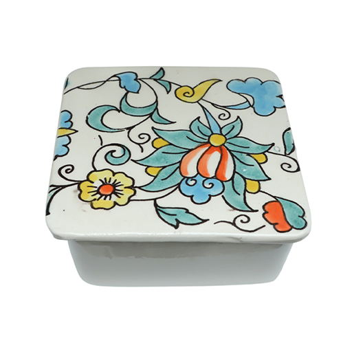 Ramequin carré avec couvercle motif arabesque en fine céramique fait main MM