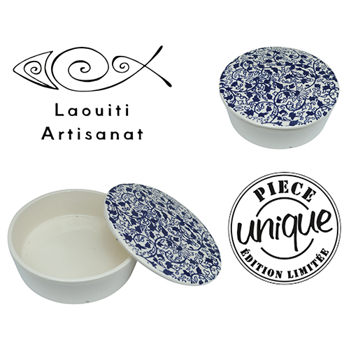 Ramequin rond avec couvercle motif arabesque en fine céramique fait main MM B
