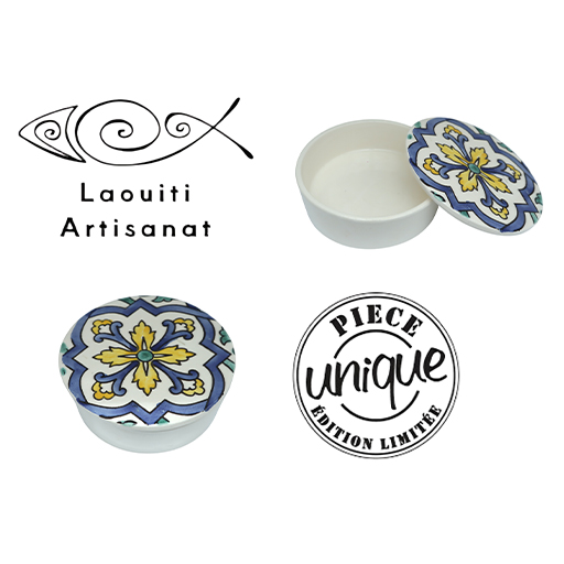 Ramequin rond avec couvercle motif arabesque en fine céramique fait main MM B