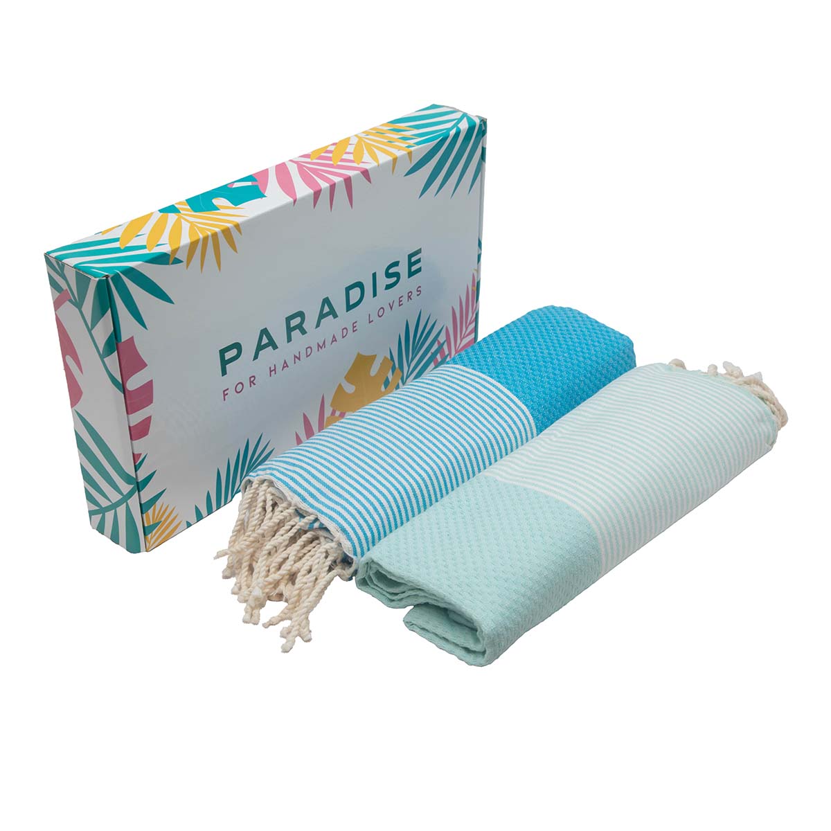 Serviette traditionnel polyvalence haut de gamme en coton - Fouta nid d'abeille XL En Turquoise et Vert d’eau rayée blanc