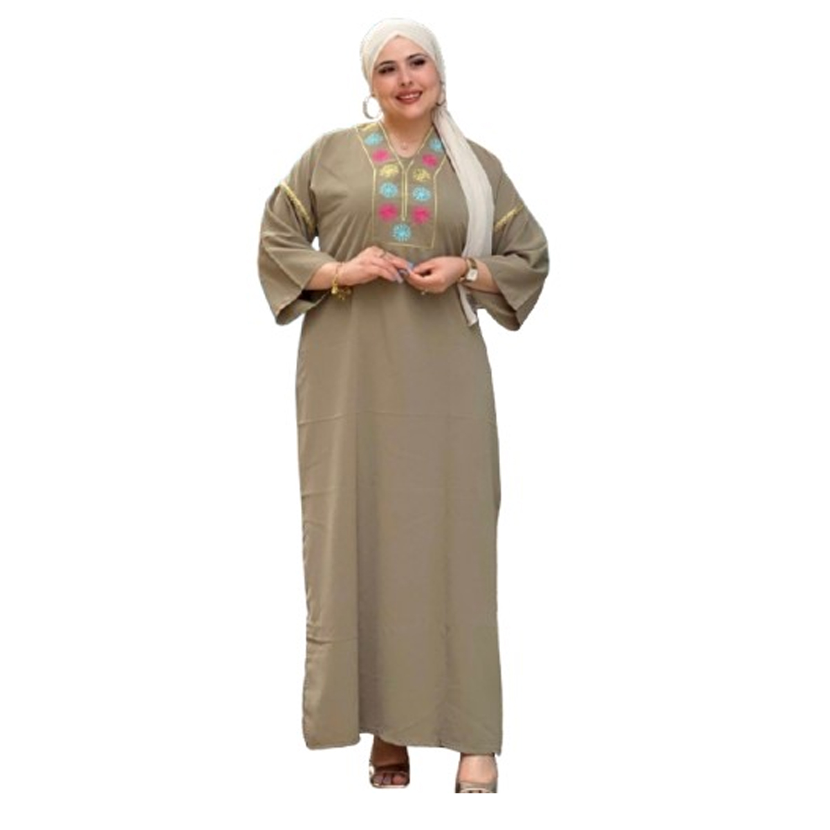 Jebba fashion printemps-été 2025 - Jebba Chams en Crêpe haut de gamme en broderie motif chams sur la poitrine, en grège