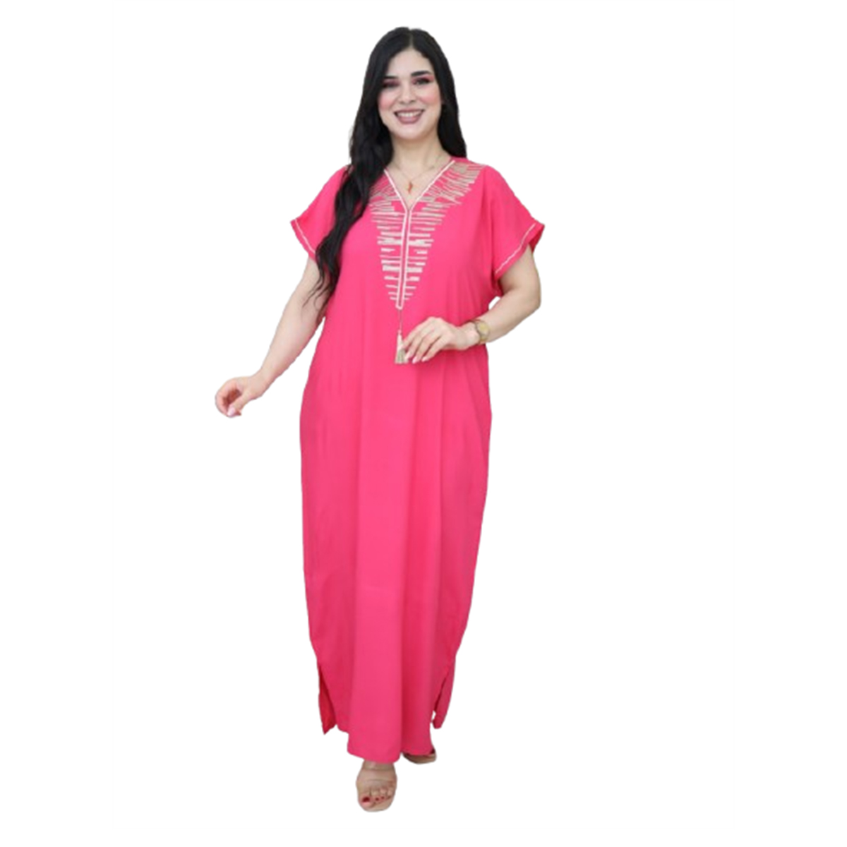 Jebba fashion printemps-été 2025 - Jebba demi manche motif Cléopâtre en broderie dorée col V en rose fuchsia