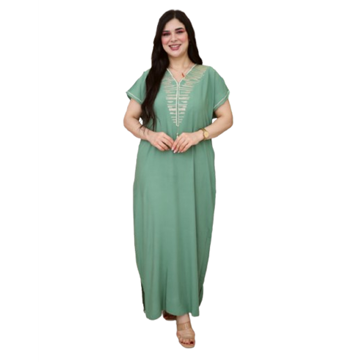Jebba fashion printemps-été 2025 - Jebba demi manche motif Cléopâtre en broderie dorée col V en rose vert rotana