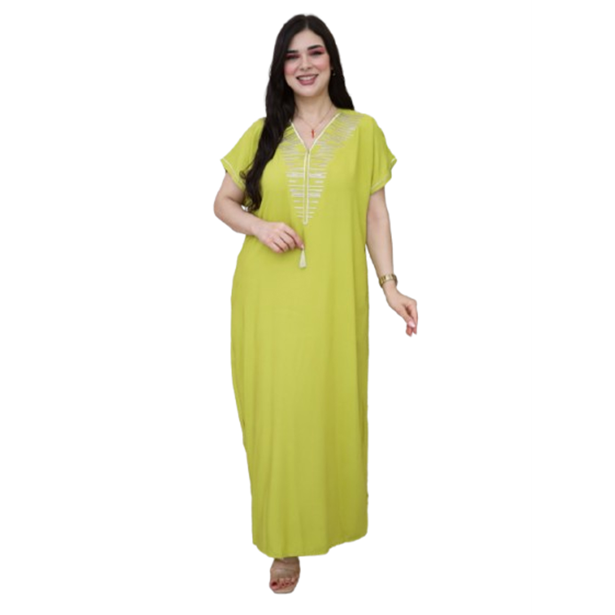 Jebba fashion printemps-été 2025 - Jebba demi manche motif Cléopâtre en broderie dorée col V en vert anis