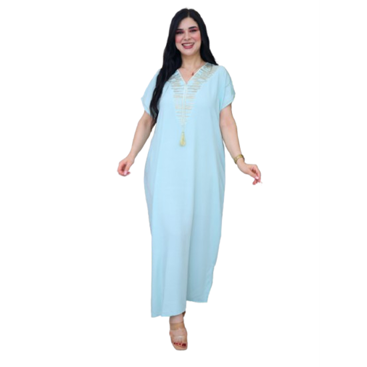 Jebba fashion printemps-été 2025 - Jebba demi manche motif Cléopâtre en broderie dorée col V en vert d’eau