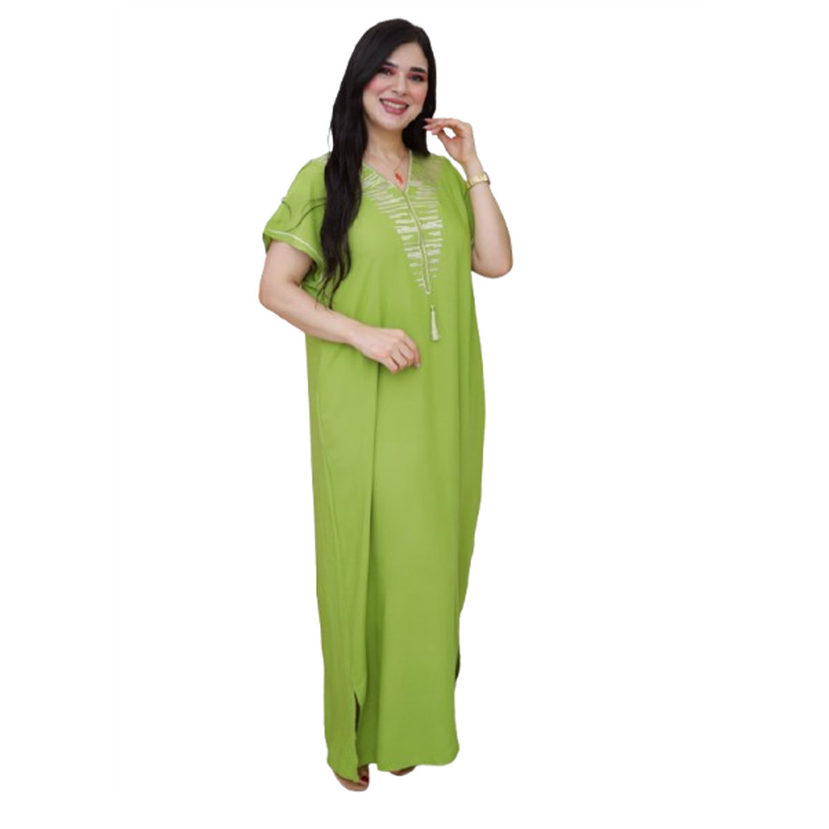 Jebba fashion printemps-été 2025 - Jebba demi manche motif Cléopâtre en broderie dorée col V en vert pistache