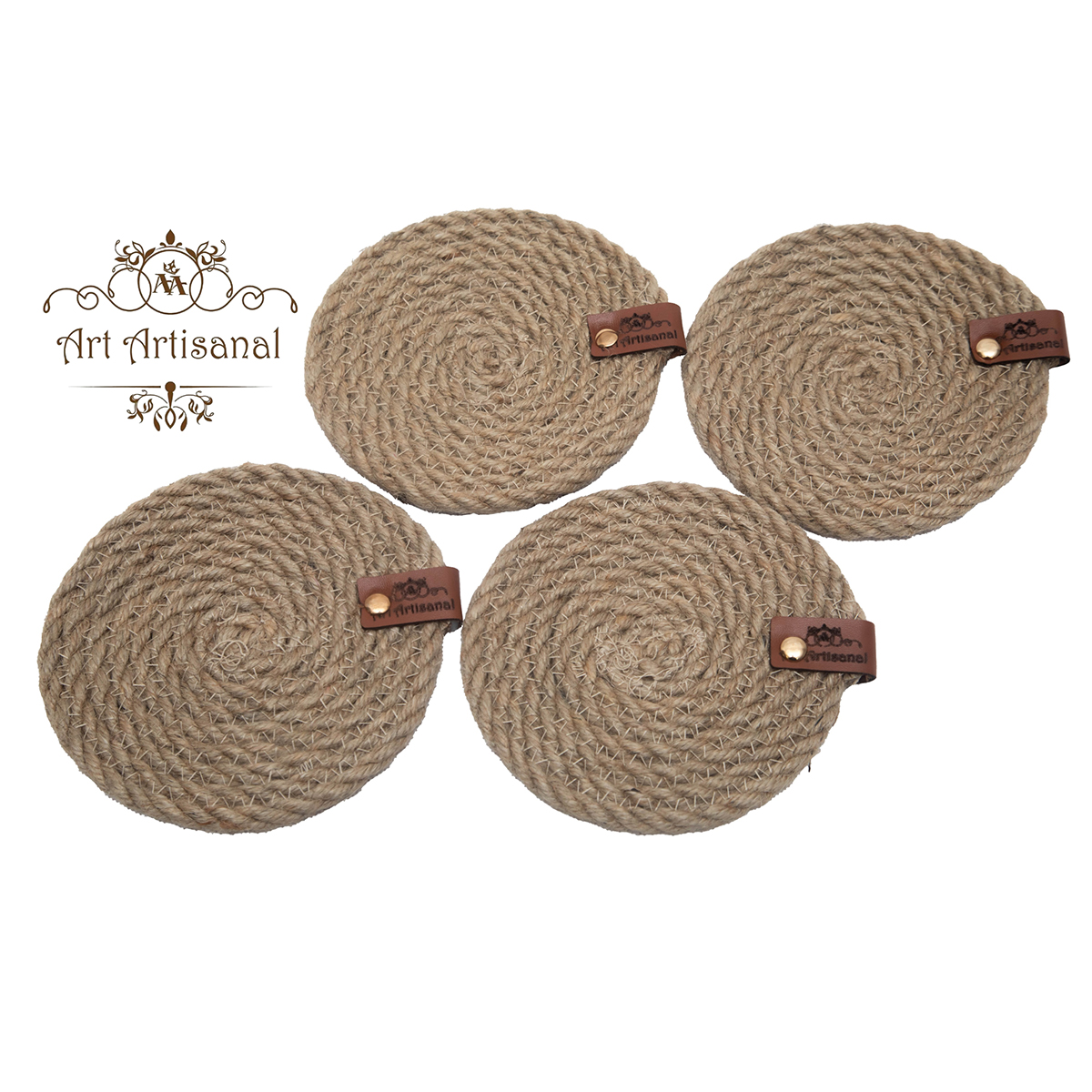 Set de 4 sous tasses beige en fibre végétale naturelle fait main A