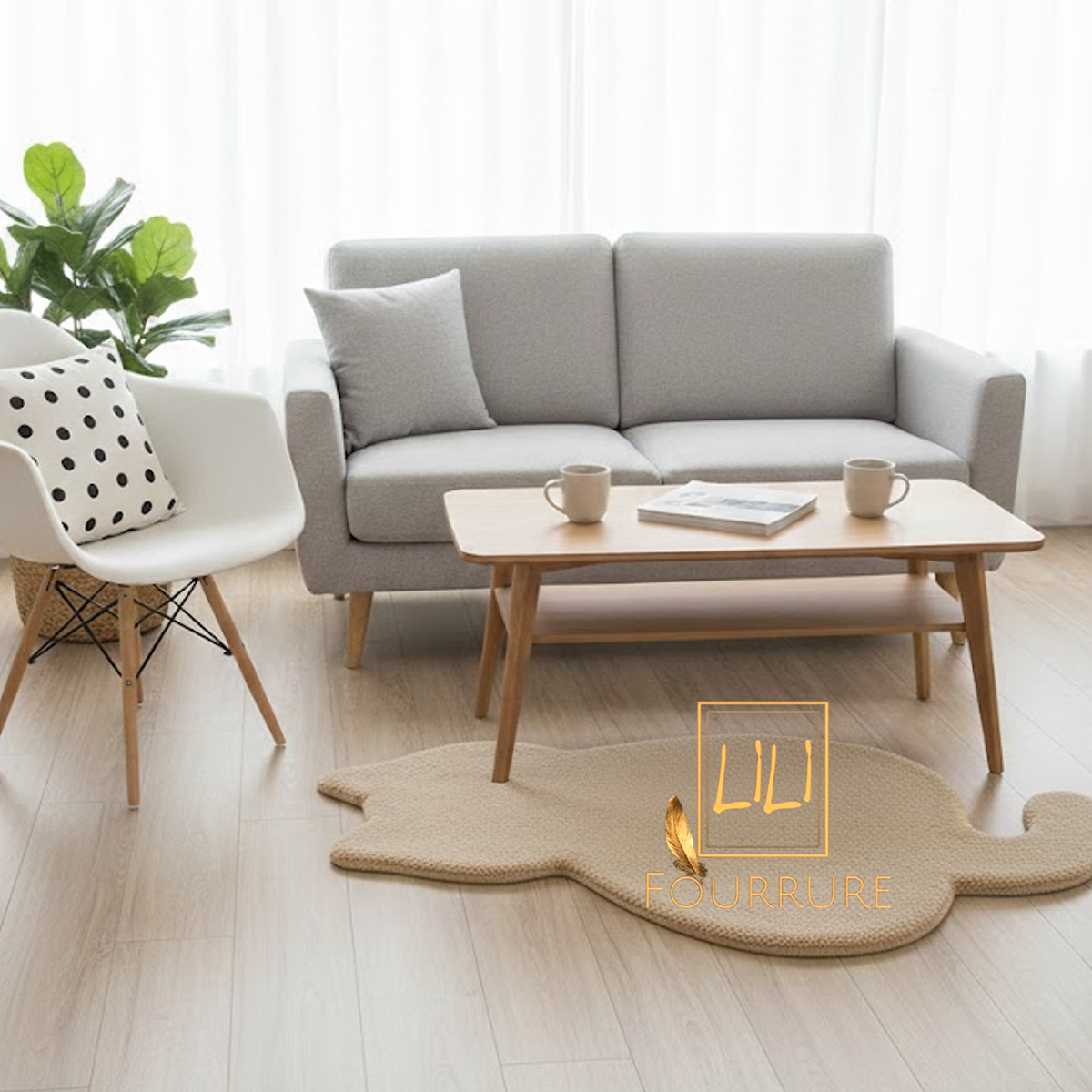 Tapis en fausse fourrure haut de gamme design Chat en beige, tapis de sol antidérapant 1