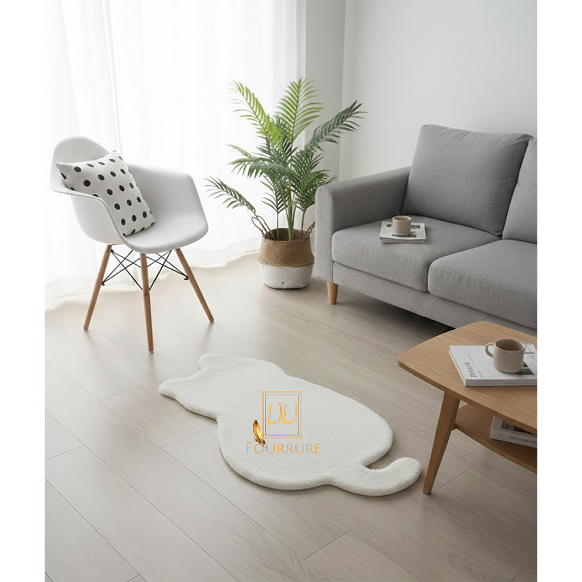 Tapis en fausse fourrure haut de gamme design Chat en blanc, tapis de sol antidérapant 1