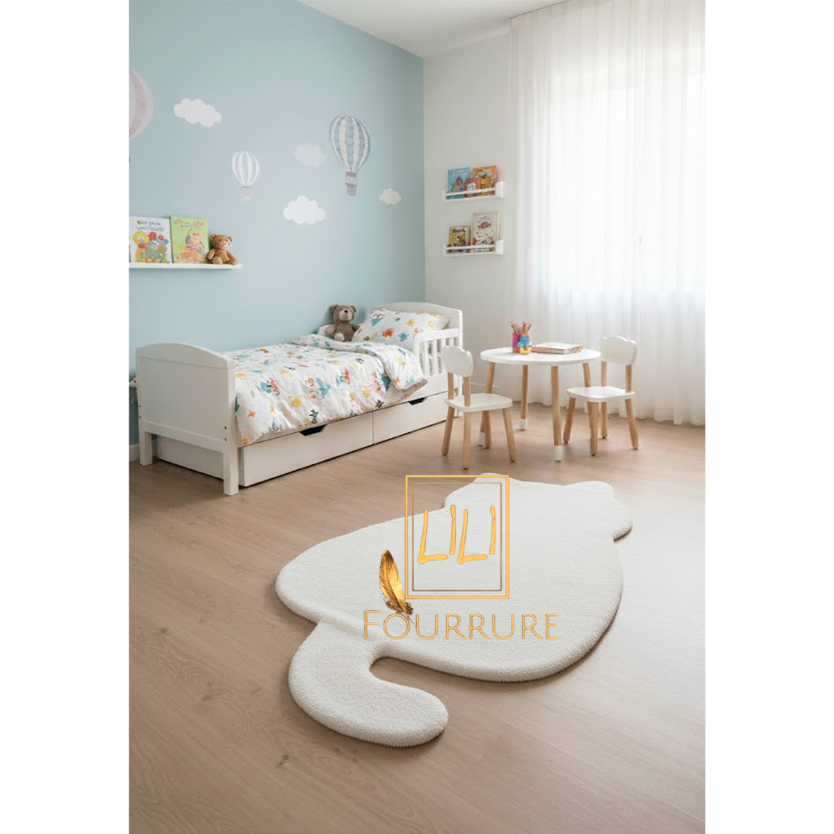 Tapis en fausse fourrure haut de gamme design Chat en blanc, tapis de sol antidérapant 2