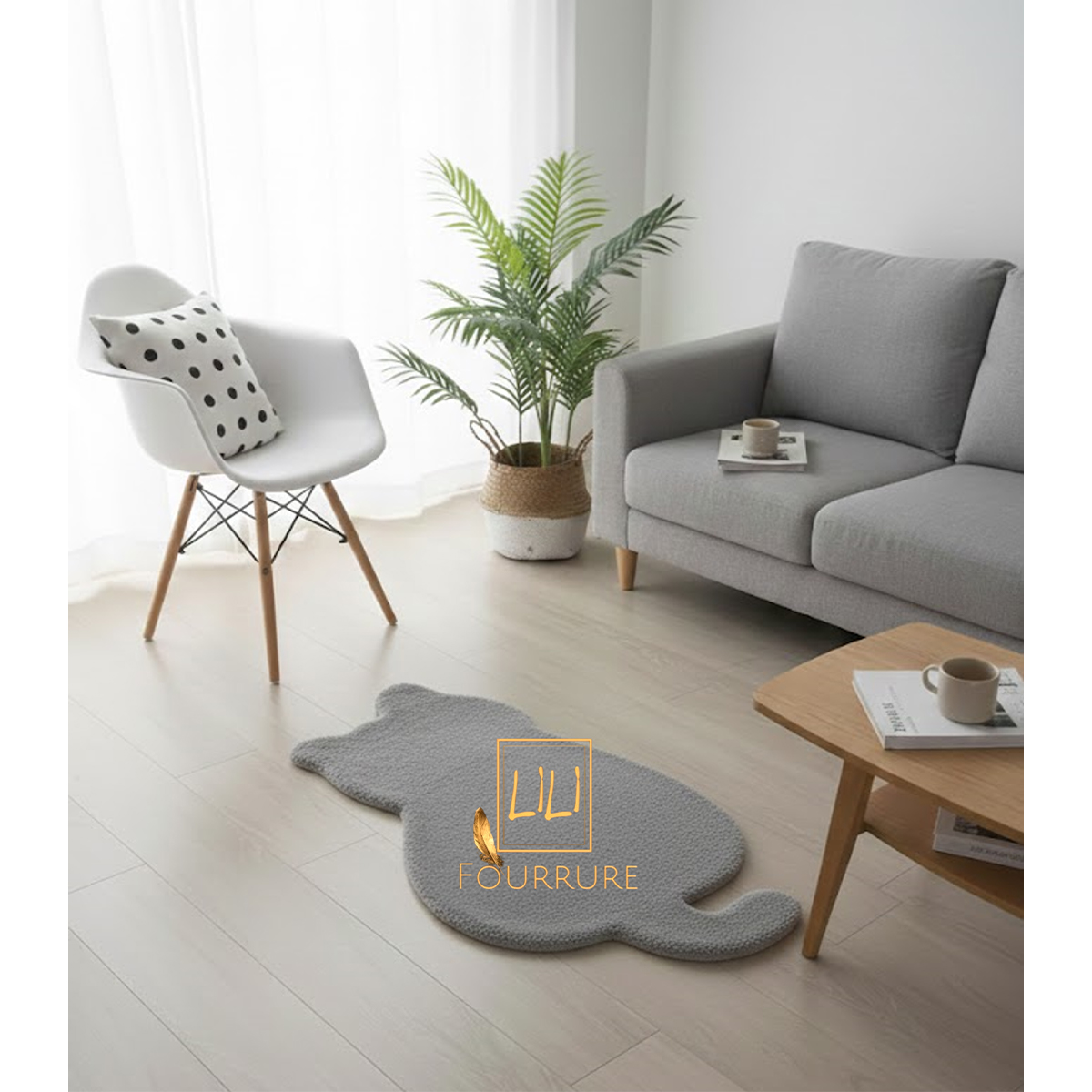 Tapis en fausse fourrure haut de gamme design Chat en gris, tapis de sol antidérapant 1