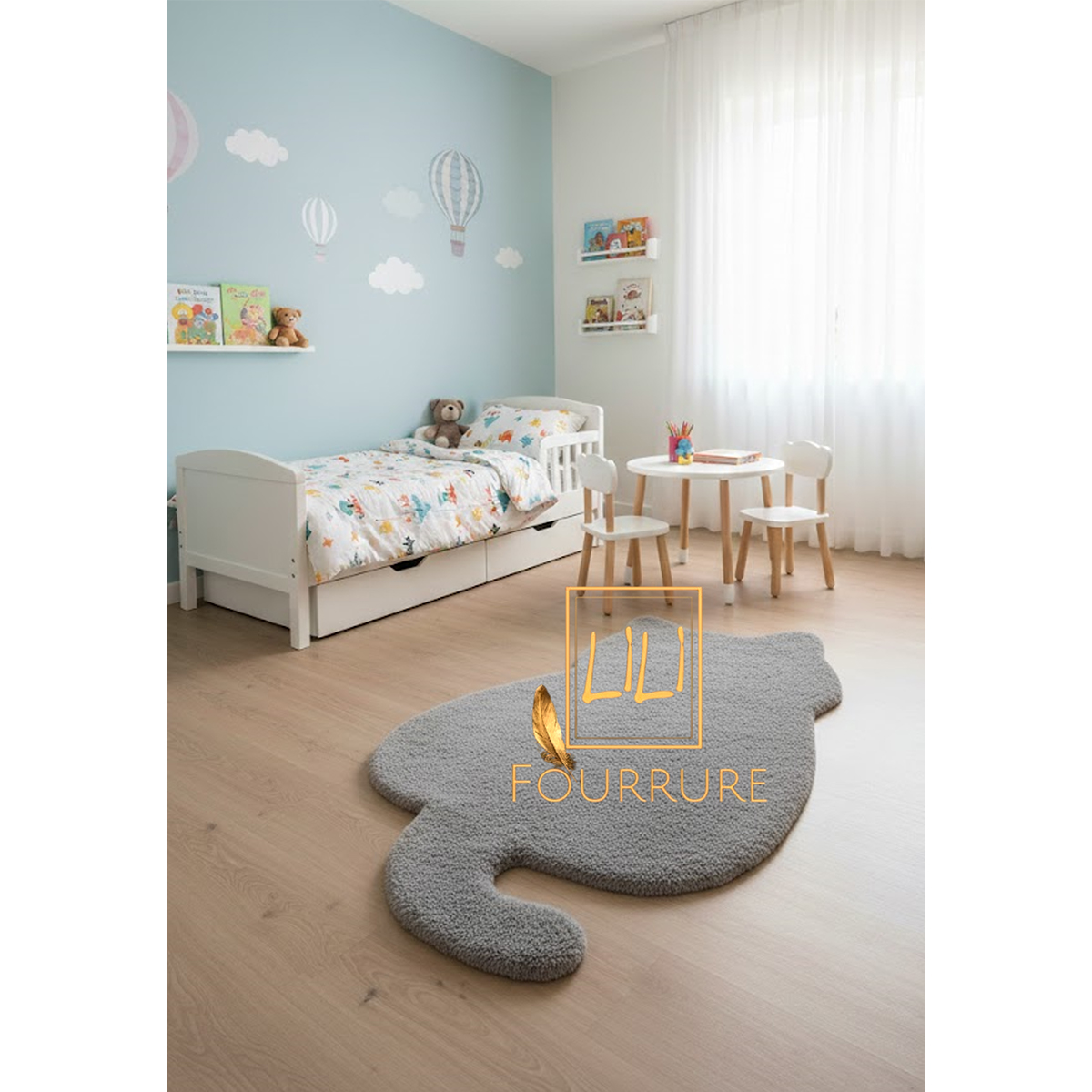 Tapis en fausse fourrure haut de gamme design Chat en gris, tapis de sol antidérapant 2