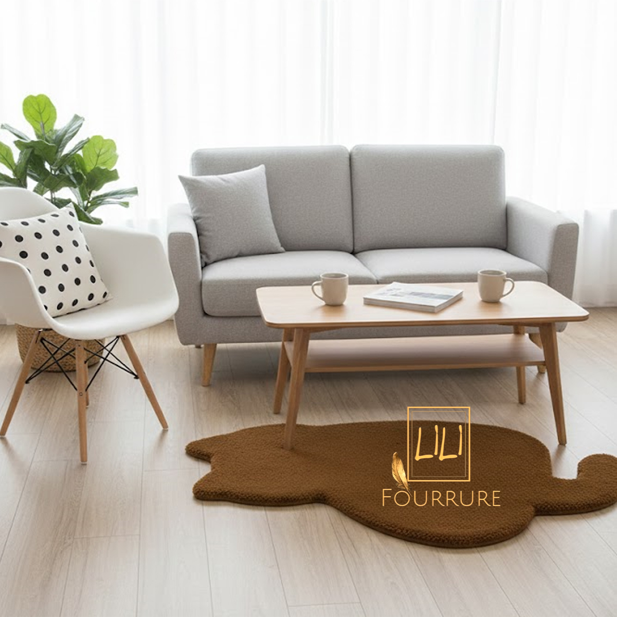 Tapis en fausse fourrure haut de gamme design Chat en marron, tapis de sol antidérapant 1