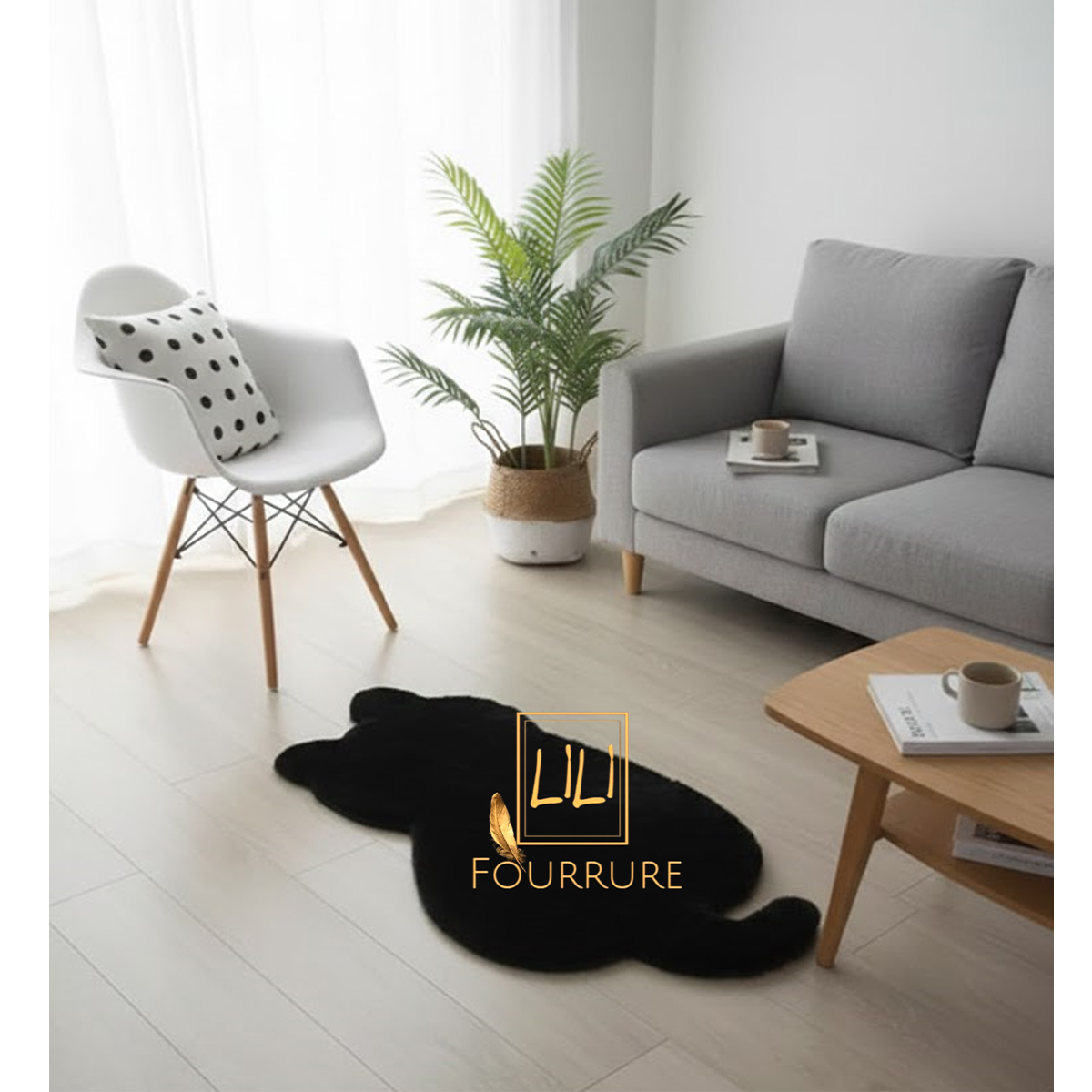 Tapis en fausse fourrure haut de gamme design Chat en noir, tapis de sol antidérapant 1