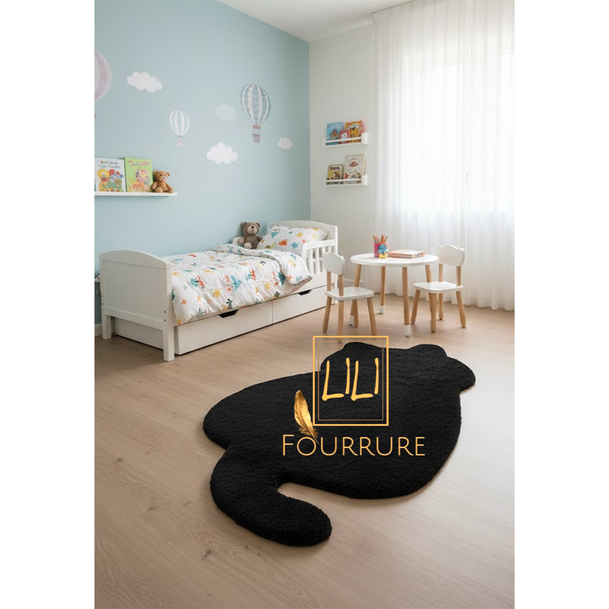 Tapis en fausse fourrure haut de gamme design Chat en noir, tapis de sol antidérapant 2
