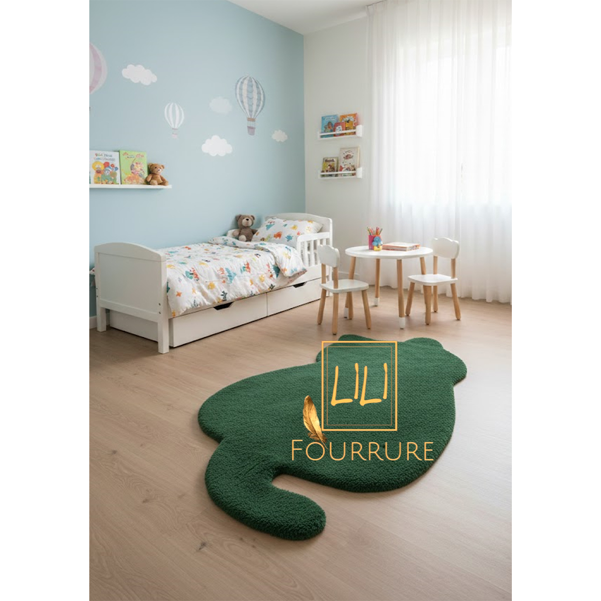 Tapis en fausse fourrure haut de gamme design Chat en vert, tapis de sol antidérapant 2